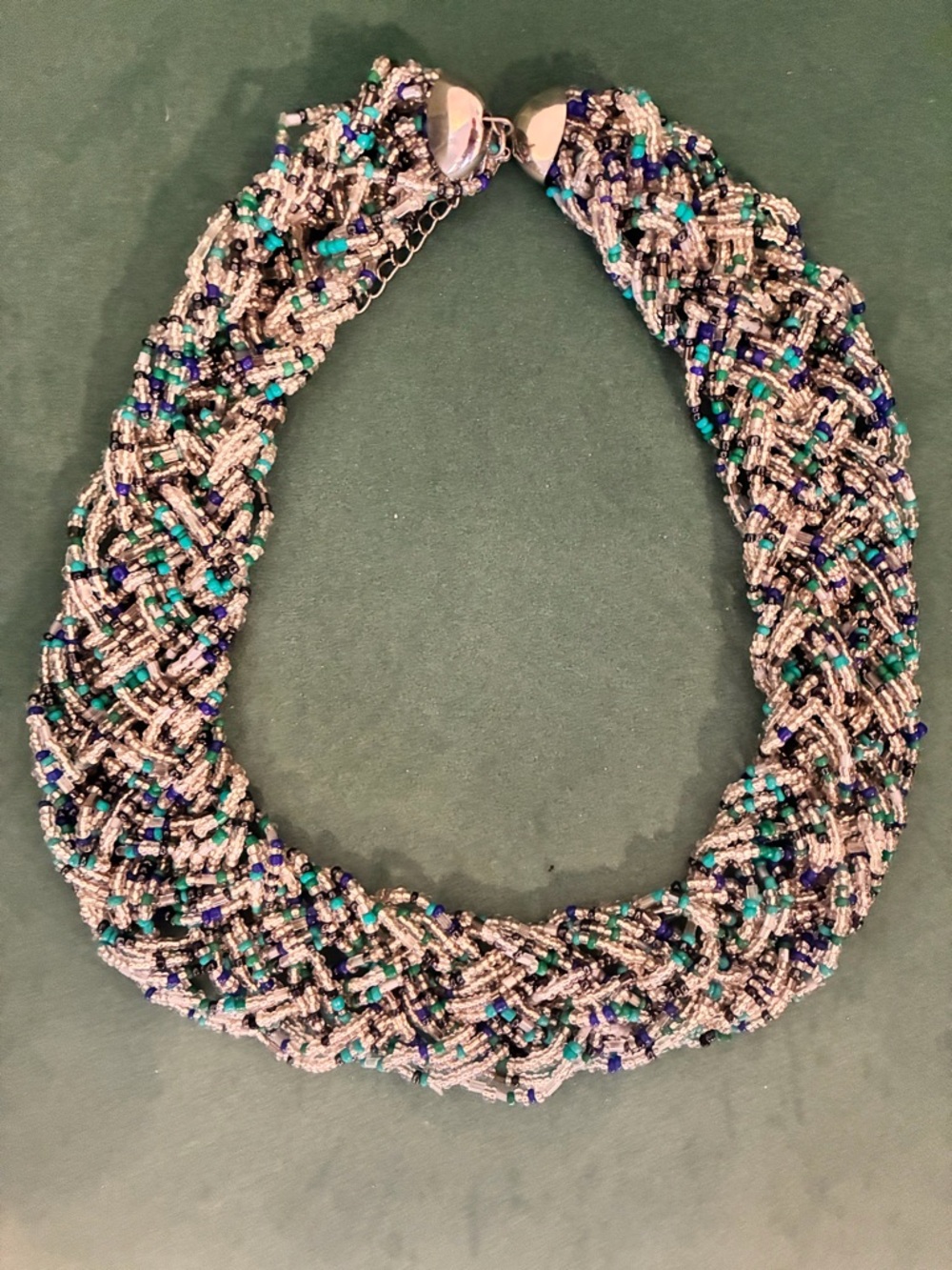 Beaded Braided Statement Necklace in Silver, Teal & Navy